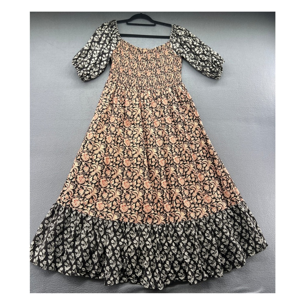 Clara Dress M Floral Block Print Smocked Maxi Puff Sleeve Boho Tiered Black Pink